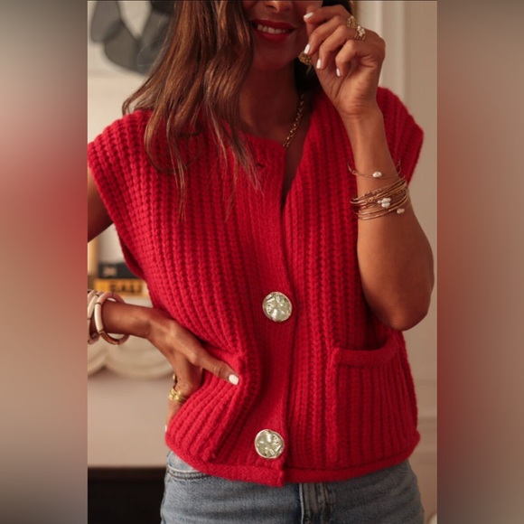 Betsy- fiery red solid textured knit side pockets buttoned up sweater - Picture 2 of 3